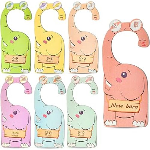 Baby Closet Dividers & Organizer - 7 Pcs Wood Nursery Organizer Decor for Baby Clothes Size Organization, Safari Jungle Elephant Theme, Double-Sided