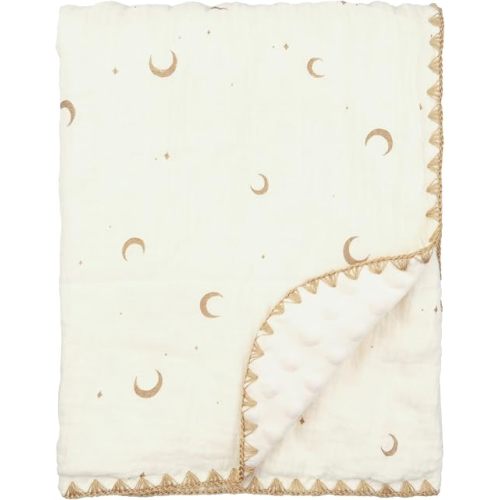 Baby Blanket 40x40 Inches,Muslin Cotton and Minky Dotted Double Layer Soft Receiving Blanket for Newborn Toddler,Moon Star
