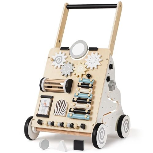 HUZU Wooden Baby Walker with Wheels, Montessori Push and Pull Activity Center for Toddlers, Adjustable Height & Speed, Learning Toy for 6-12 Months 1-3 Years Old Boys and Girls (Nature Wood)