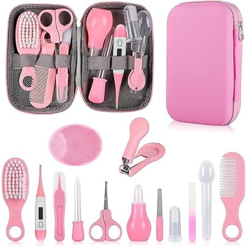 Baby Grooming Kit, Infant Safety Care Set with Hair Brush Comb Nail Clipper Nasal Aspirator,Baby Essentials Kit for Newborn Girls Boys (Pink Baby Grooming kit)
