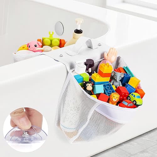 Saddle Shape Bath Toy Organizer with 2 Suction Cups & 8 Removable Adhesive, Bathtub Toys Supplies Holder with 2 Compartments, Mesh Bath Toys Tub Accessories Holder for Toiletries