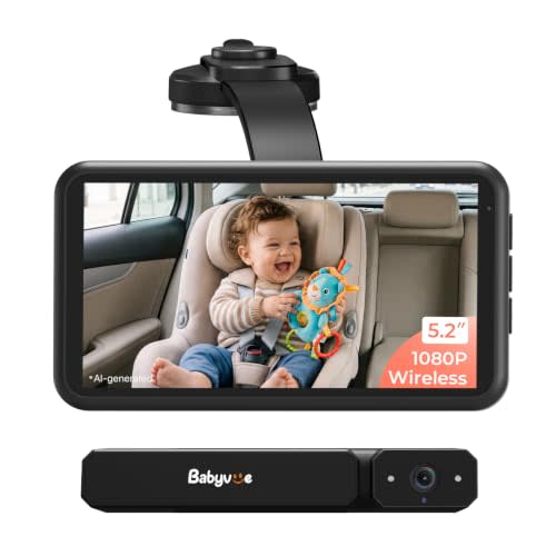 Babyvue BV6 Baby Car Camera Wireless, Baby Monitor with Suction Cup Mount | 1080P HD, 5.2" IPS Screen, Auto IR Night Vision, 3X Zoom, Easy Setup Car Seat Camera for Rear-Facing Baby Kids (Black)