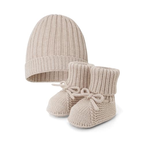 Opewod Baby Booties & Hat Set Newborn First Walkers Cozy Socks Shoes Warm Knit Booties Soft Cap for Toddler Infant Boy Girl