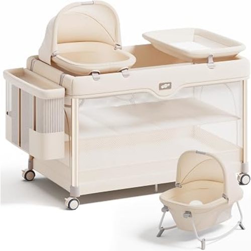 Pamo Babe 6-in-1 Pack and Play with Bassinet – One-Step Setup Baby Bassinet, Portable Playard, Travel Crib with Mattress, Changing Table, Storage Bag & 4 Wheels Travel Playpen for Baby (Beige)