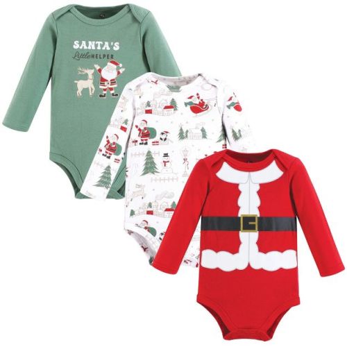 Hudson Baby Infant Baby Cotton Long-Sleeve Bodysuits 3-Pack, Santa And Friends, 0-3 Months