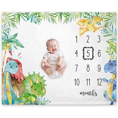 Yuzioey Dinosaur Baby Monthly Milestone Blanket, Dinosaur Baby Growth Chart Milestone Blankets, Newborn Month Blanket for Boy and Girl,Includes Marker(50"x40")