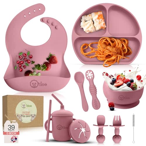 o'doe 11-Piece BPA-Free Silicone Baby Feeding Set | Thick & Soft Suction Plates, Baby Bowls, Wooden Fork & Spoon, and More | Make Mealtime Fun and Easy for Your Little One (Rose, V1)