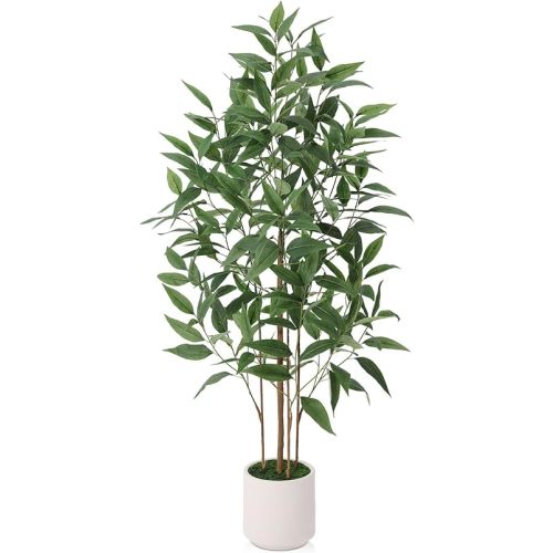 Artificial Eucalyptus Tree，4FT UV Resistant Fake Outdoor Plants,Artificial Plants Indoor with White Planter,Silk Leaves,Faux Tree for Home Decor Floor Porch Liveing Room
