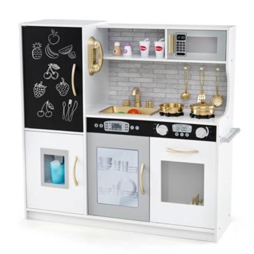 Costway Kid's Pretend Play Kitchen Toddler Kitchen Playset with Blackboard Pink/White/Light Pink/Beige