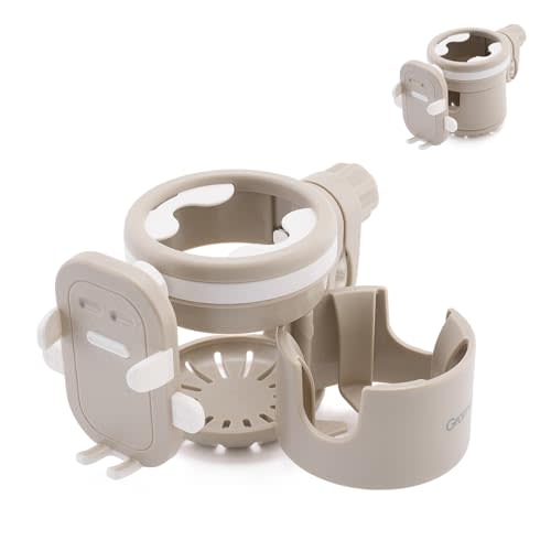Universal Stroller Cup Holder with Phone Holder, 3-in-1 Detachable Drink Holder 360° Rotatable, Adjustable Cup Holder for Stroller Wheelchair Bike Walker Scooter - Khaki