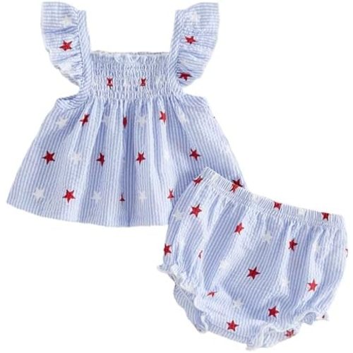 Mubineo Baby Girl Summer Clothes Cute Ruffle Tops Dress Shorts Outfits Set Infant Toddler Shrit Bloomers Princess Outfit 6-12 months