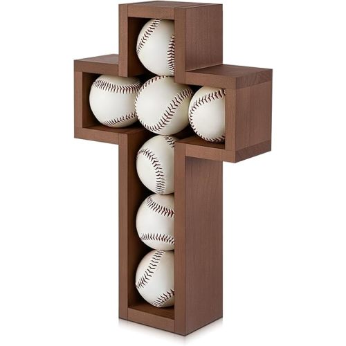 Teenyyou Baseball Display Case Baseball Holder for 7 Balls Display Wall Mount Cross Wooden Shadow Box for Collecting Memorabilia Autographed Balls