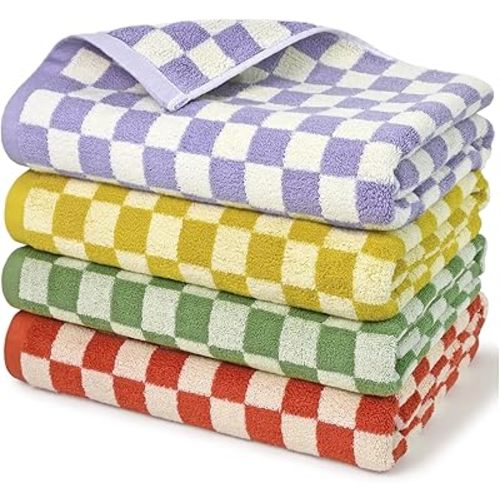 Jacquotha Checkered Bath Towels Set of 4-100% Cotton Towels for Bathroom, Shower, Pool & Beach (Purple, Yellow, Green, Orange), 520GSM