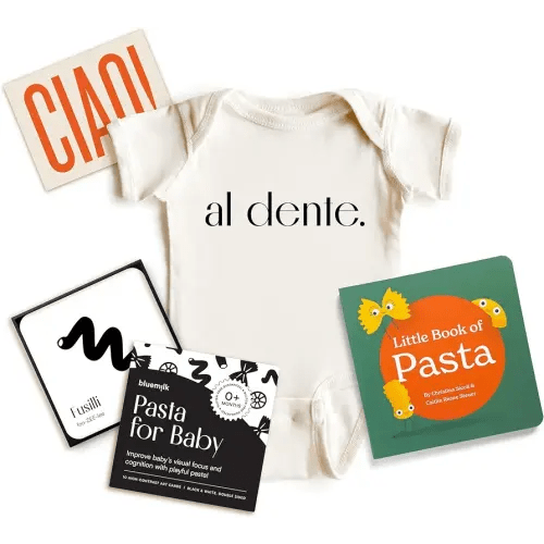 Chunky Deli Pasta Baby Bundle Gender Neutral Baby Pregnancy Announcement New Parent Box Unique Italian Foodie Newborn Essentials Book Bodysuit High Contrast Sensory Toys Personalized Postcard Keepsake