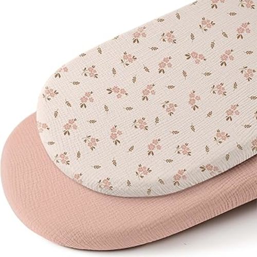 Mi Flor Muslin Bassinet Sheets – 16x32x4 Bassinet Mattress Sheets,2 Pack Cotton Bassinet Sheets for Boys & Girls,100% Cotton Crinkle Muslin, Fitted Bassinet Sheet for Oval, Rectangle & Hourglass