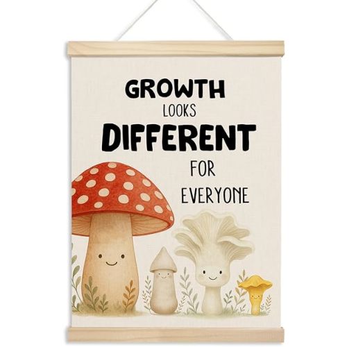 Xmsaitar Mental Health Mushroom Poster Hanger Frame Wall Decor, Nursery Rustic Prints for Wall Hanging Decor Art, Cute Fall Growth Looks Different for Everyone Banner Classroom Dorm Playroom 12x16in