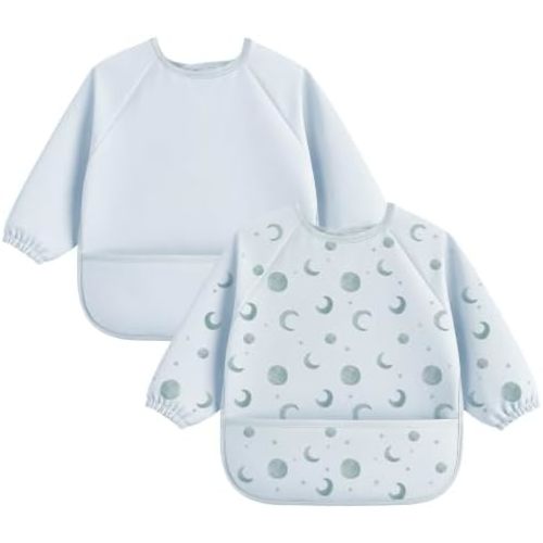 Bearmoss Baby Long Sleeve Bib Waterproof Front Crumb Pocket 2 Pack