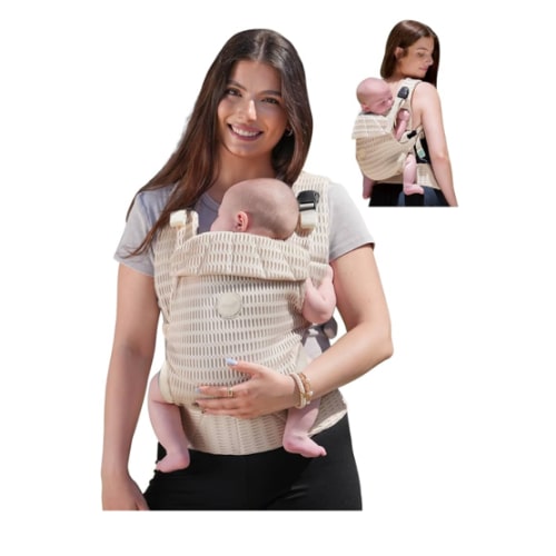Grownsy Baby Carrier Newborn to Toddler (7-44lbs), Ergonomic & Cozy Wraps with One-Click Buckle, Mesh & Head Support for Hands-Free Comfort, Almond Beige