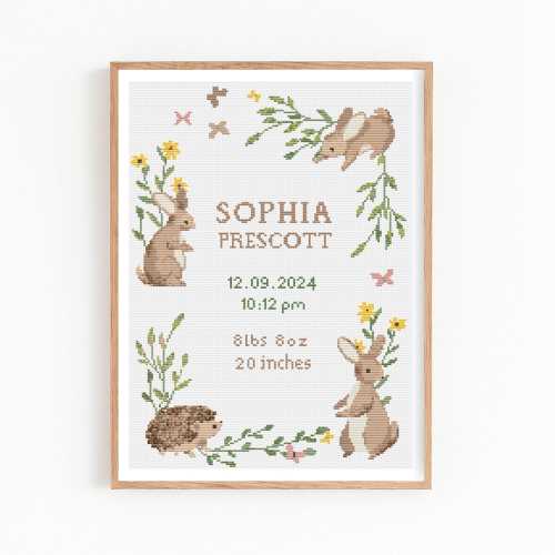 Baby Birth Announcement Cross Stitch Pattern, Customizable Modern Girl Boy Nursery Decor, Floral Bunny Embroidery, Cute Baby Shower Gift PDF