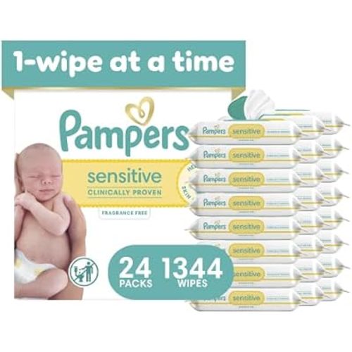 Pampers Sensitive Baby Wipes, Unscented, Fragrance Free, Clinically Proven, Water Based, Hypoallergenic, Multi-Use, Hand Wipes, 1344 Wipes Total (24X Flip-Top Packs)
