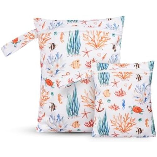 2 Pcs Wet Bags Waterproof Reusable Zippered Pocket Cloth Diaper Wet Dry Bags for Travel Beach Pool Swim, Baby Diapers,Gym Yoga Wet Clothes,Swimsuit,water wipes (Marine Organism)