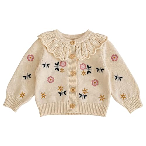 HOOLCHEAN Baby Girls Flower Embroidered Lotus Leaf Collar Sweater Infant Cotton Cardigan
