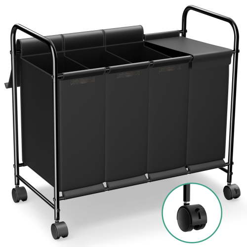 Nefoso 4 Section Laundry Hamper with Lid and Wheels, 200L Large Laundry Basket Sorter Cart with Handle, Clothes Storage, Black