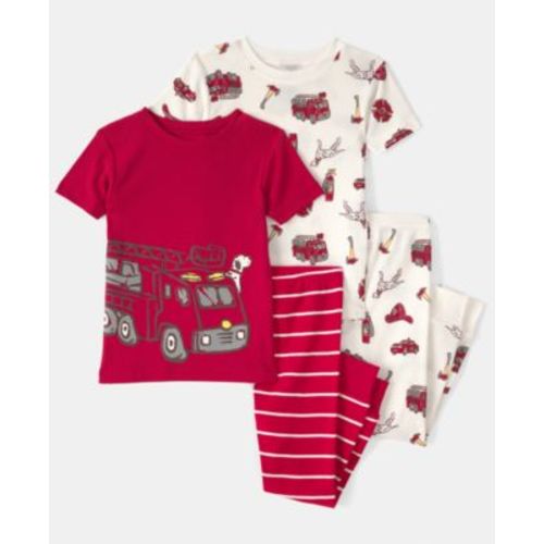 Baby Boys' Firetruck Crewneck Top and Striped Snug-Fit Pajama, 4-Piece Set