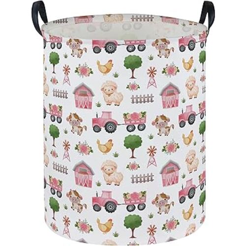 Essme Kids Laundry Basket,Farm Hamper Collapsible Canvas Waterproof Storage Bin for Girls, Pink Hamper,Gift Baskets(Pink Farm)