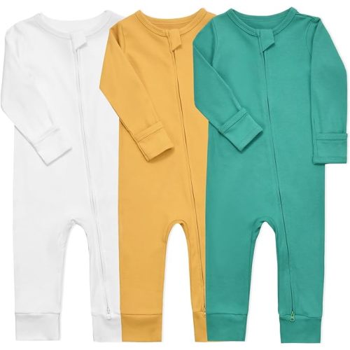 Aablexema Baby Cotton Footless Pajamas with Mitten, 3-pack Infant Romper Zip Up One Piece Jumpsuits Outfit