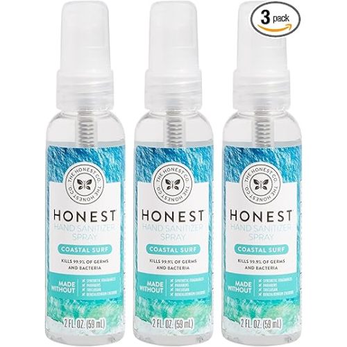 The Honest Company Plant-Based Hand Sanitizer Spray | Kills 99.9% of Germs | Hypoallergenic, Quick-drying + Moisturizing | Coastal Surf, 2 fl oz each (pack of 3)