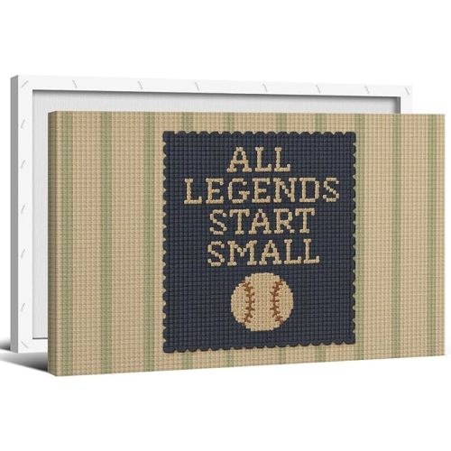 All Legends Start Small Inspirational Canvas Wall Art, Motivational Nursery Baseball Sport Poster, Vintage Green and Blue Striped Print for Boy Toddler Bedroom Playroom 12x16in Wrapped Canvas