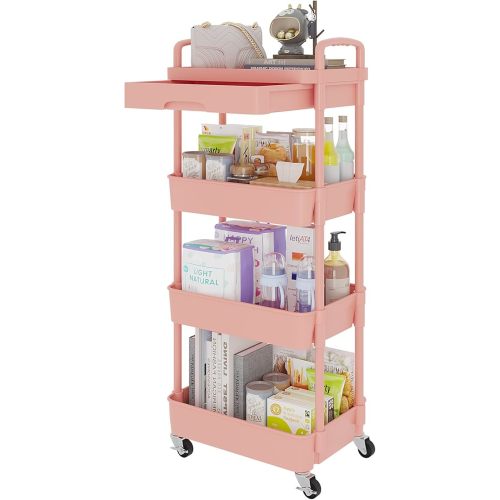 Calmootey 4-Tier Rolling Utility Cart with Drawer,Multifunctional Storage Organizer with Plastic Shelf & Metal Wheel,Storage Cart for Kitchen,Bathroom,Living Room,Office,Pink