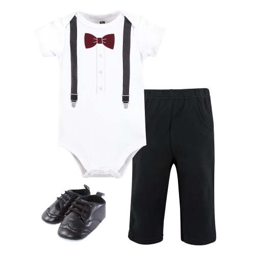 Hudson Baby Infant Boy Cotton Bodysuit, Pant and Shoe Set, Burgundy Black Bow Tie, 3-6 Months