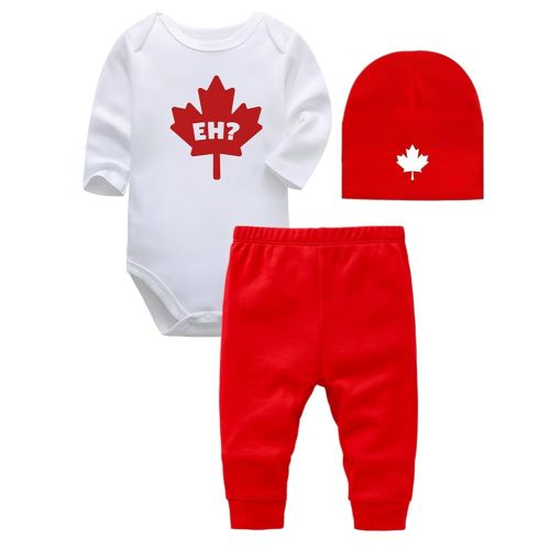 3-Piece Eh Canada Baby Gift Set, Custom Handmade Canada Day Maple Leaf Baby Bodysuit, Pants and Hat Set, EH (Long Sleeve, White, 18M)