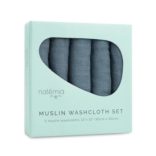 Natemia Muslin Baby Washcloths for Newborn - Premium Wash Cloths for Babies, Super Absorbent and Ultra Soft Rayon Made from Bamboo, 6 Layer Baby Girl and Baby Boy Washcloths, 5 Piece Set