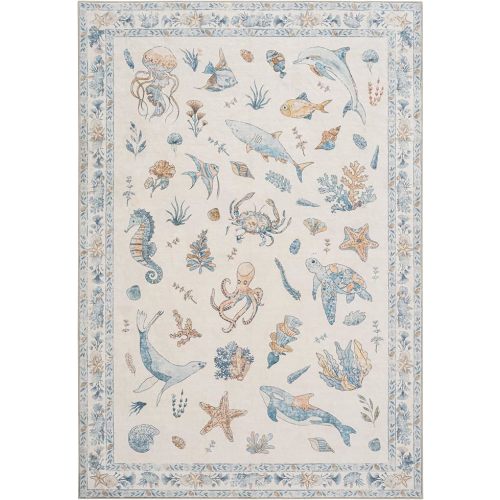 Soft Marine Animal Washable Faux Wool Stain Resistant Rug Rubber Non-Slip Backing for Playroom Bathroom Living Room Bedroom Bedside Beachy Cute Coastal Nautical Nursery Rug (Blue Multi, 5' x 7')