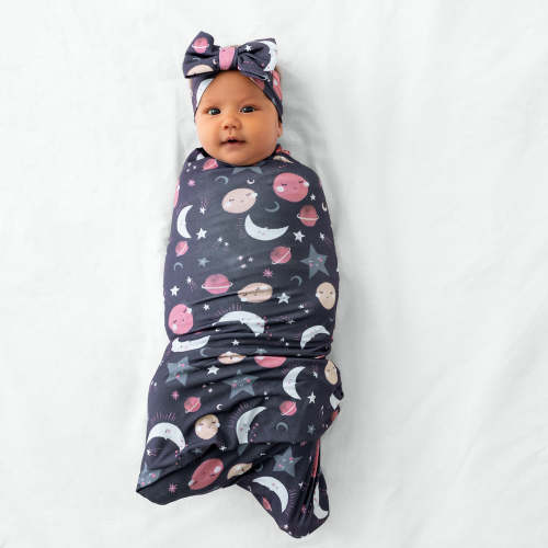 Pink To the Moon & Back Swaddle & Luxe Bow Headband Set - Little Sleepies