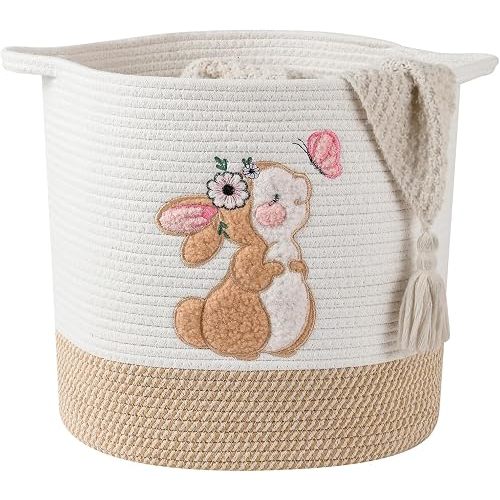 Large Blanket Baskets for Living Room, Bunny Baskets Toy Storage Basket Woven Cotton Rope Basket for Kids, Toys Organizer Clothes Hamper with Embroidery, Laundry Hamper Nursery Decor ( Large )