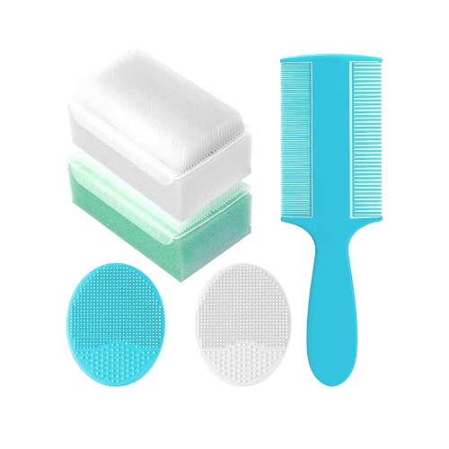Cradle Cap Brush for Babies, Set of 5 Baby Bath Essentials with Bath Sponge Silicone Scrubber Long Handle Comb for Newborns Toddlers Boys Girls (Green)