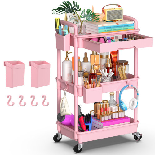 SUNALLY Rolling Cart with Drawer & Lockable Wheels, Plastic Shelf Storage Organizer Cart & Reviews | Wayfair