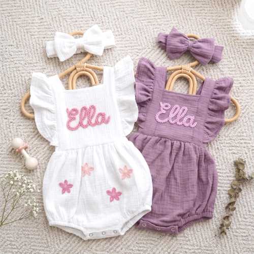 Personalized Baby Romper Girl, Custom Name Muslin Bubble Romper, Organic Cotton Ruffle Outfit, Newborn Summer Clothes, Baby Shower Gift