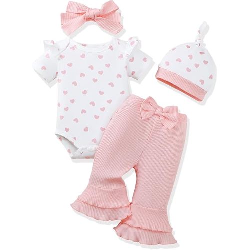 Renotemy Newborn Baby Girl Clothes Infant Romper Spring Summer Outfits Gifts Bell Bottoms Pant Sets for Girls Preemie-12Month