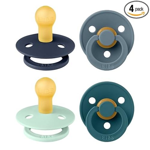BIBS Pacifiers - Colour 4 Pack | Round Nipple Baby Pacifier | BPA Free Natural Rubber Latex Soother | Made in Denmark | Size 0-6 Months | Boy Colors
