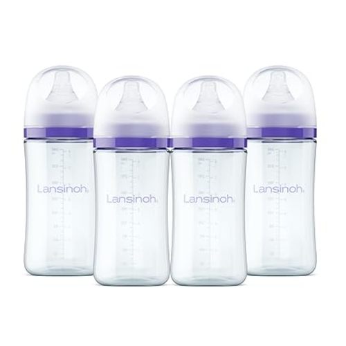 Lansinoh Anti-Colic Glass Baby Bottles, 8 Ounces, 4 Count Bottles for Feeding, Baby Essentials, Includes 4 Medium Flow Nipples, Size M