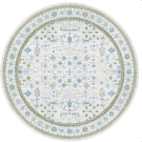 Hazo Haus Oushak Large Round Rug for Living Room - 8ft Circle Area Rug for Kids Playroom, Bedroom, Home Office, Foyer, Non Slip Washable Blue and Green Floral 8 x 8 Décor