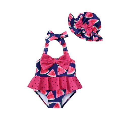 Kucnuzki Baby Girl Swimsuit Newborn One Piece Bathing Suit Bow Tie Bikini Tankini Infant Swimwear with Hat
