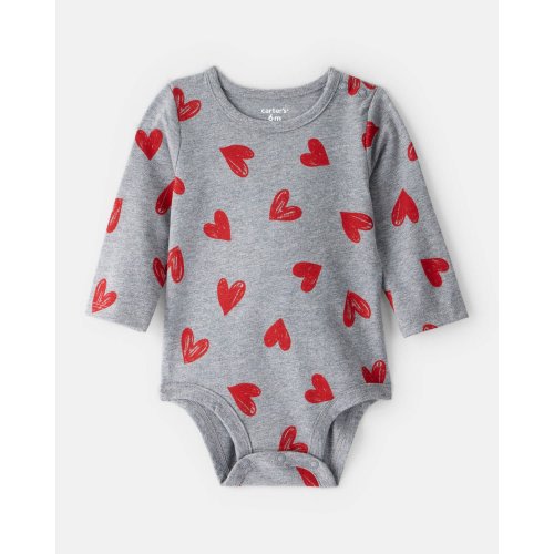 Baby Girl Heart Print Long-Sleeve Graphic Bodysuit - Grey | Carter's
