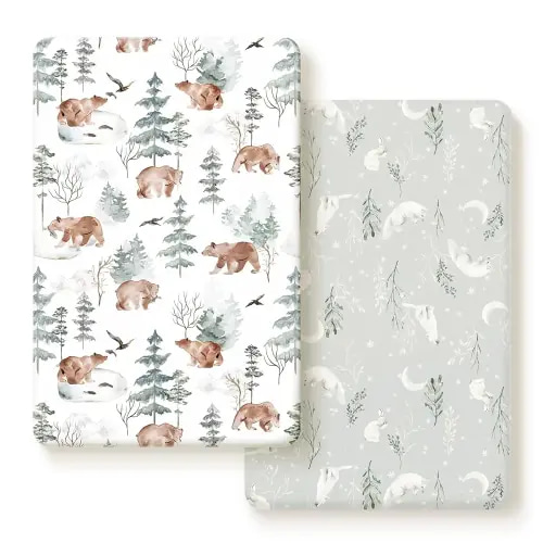 Stretchy Ultra Soft Jersey Knit Fitted Pack and Play Sheets Set 2 Pack, Portable/Mini Crib Sheets Safe and Snug Fitted for Boys and Girls, Cute Bear and Wolf Pattern