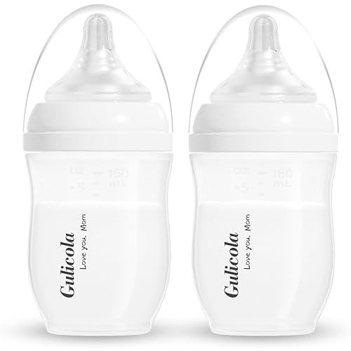 Gulicola Natural PP Baby Breastfeeding Bottles Newborn Set 2 Pack, Slow Flow Nipples, 0 Months +, 5 Oz - White